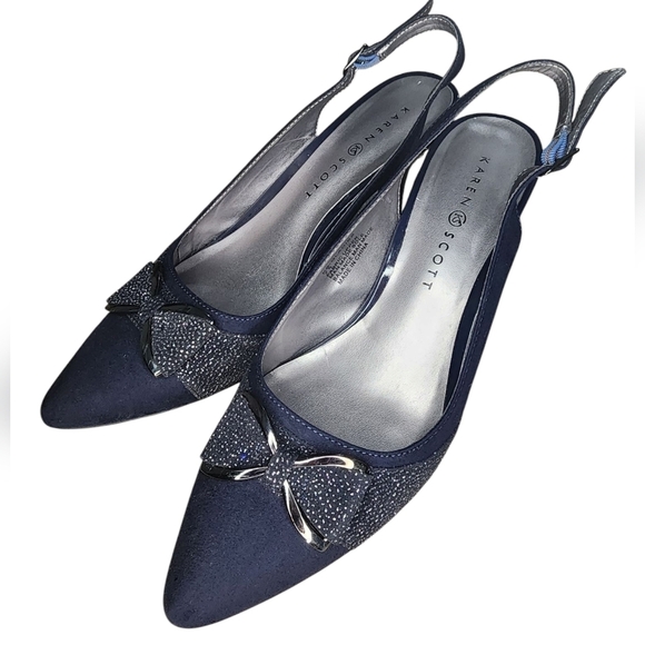 KAREN SCOTT navy blue bow kitten heel slingback pointy toe size 7.5 - Picture 1 of 6